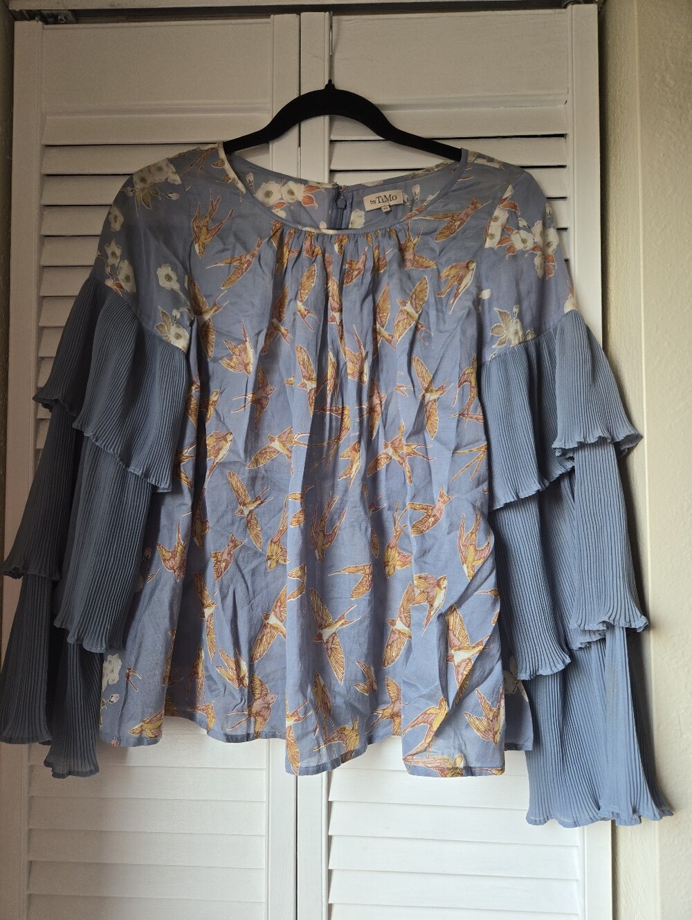 Blue Floral & Bird Print Ruffle Sleeve Blouse